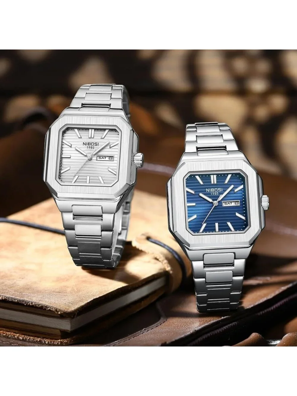 Men's Silver Square Analog Quartz Stainless Steel Waterproof Dress Wrist Watch